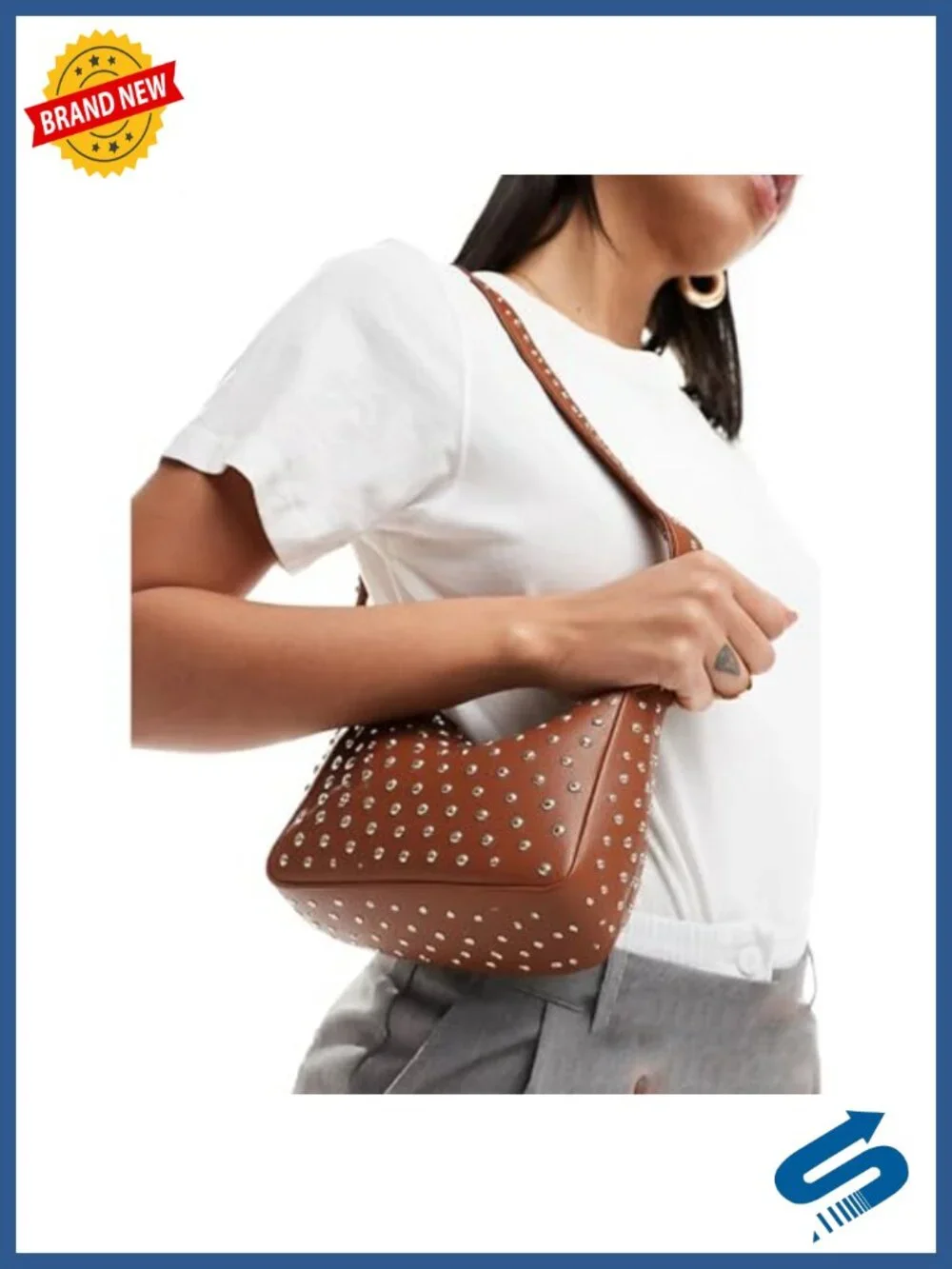 Studded Vegan Leather Shoulder Bag with Zipper, Y2K Punk Hobo Purse